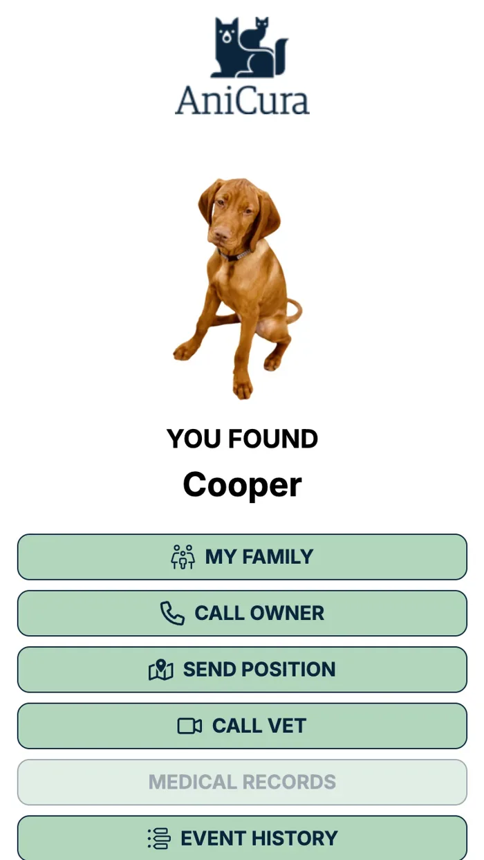 AniCura – exempel på husdjurssida: You found Cooper, med knappar för familj, ring ägaren, skicka position, ring veterinär, journal och händelser