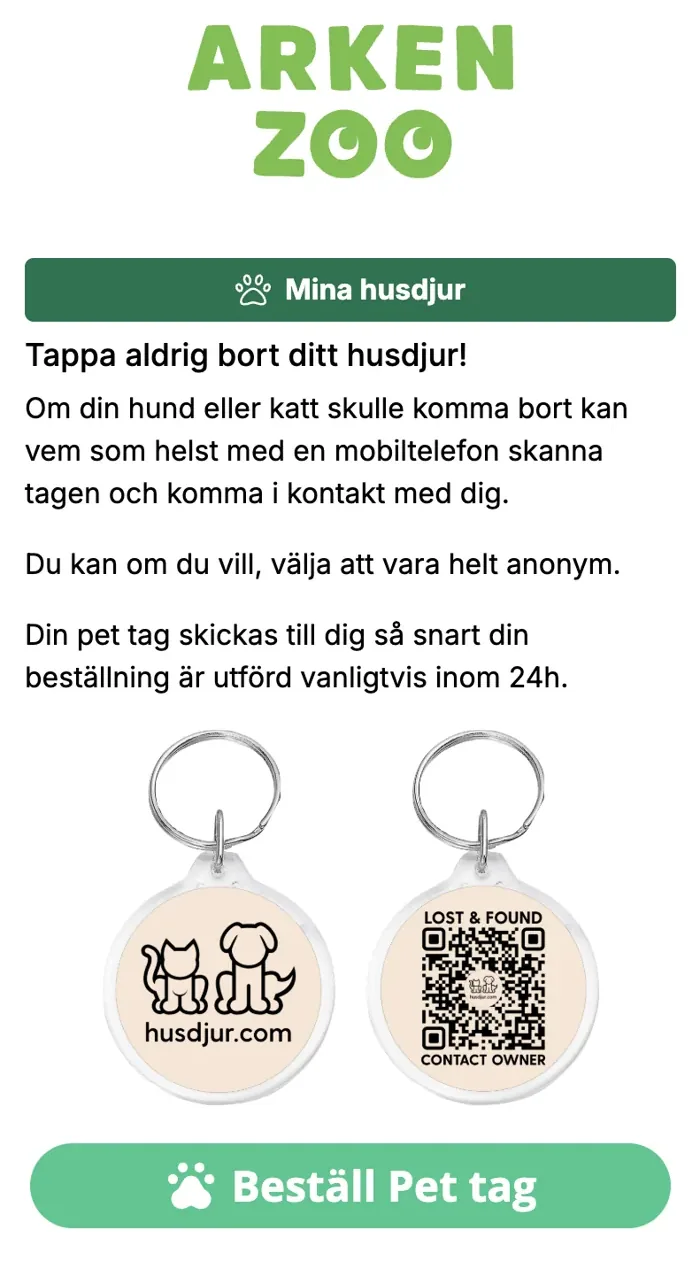 Arken Zoo – exempel på startsida för pet tag i butikens gröna profil