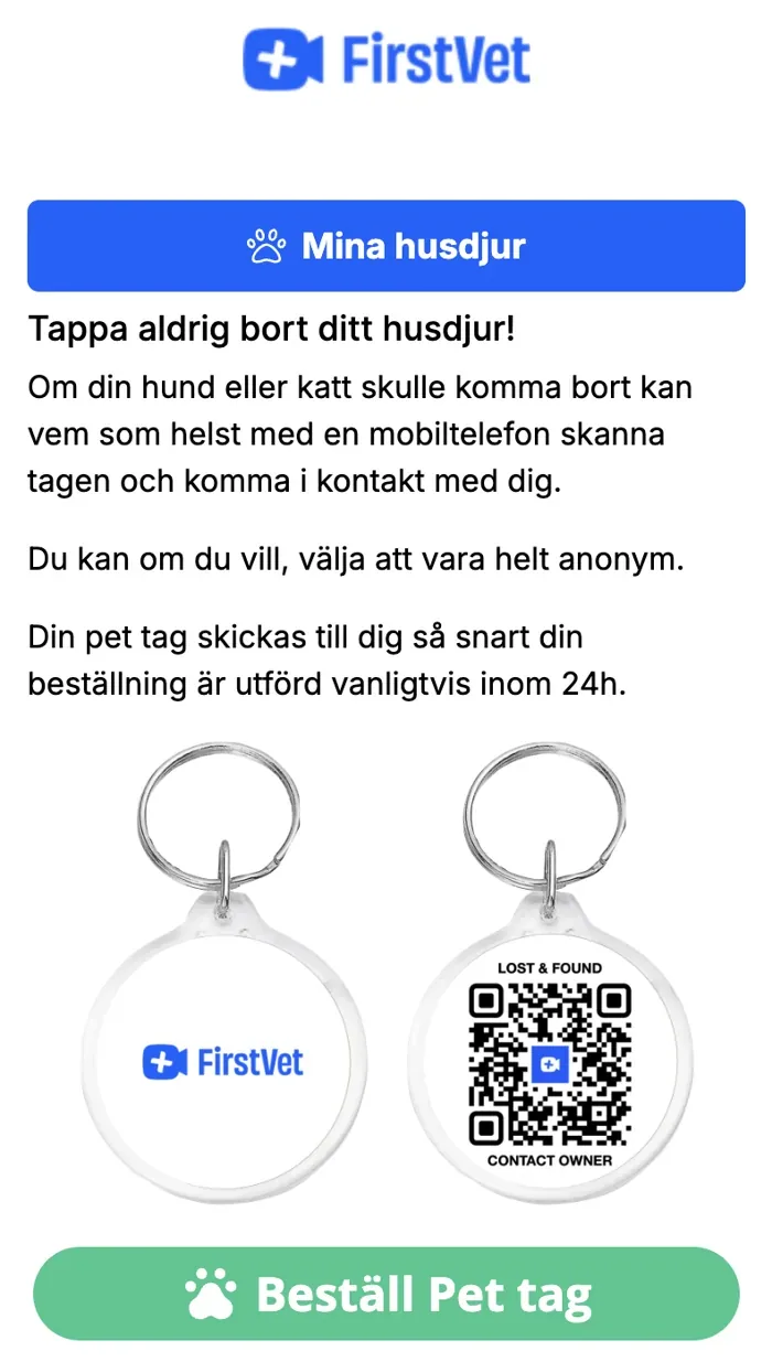 FirstVet – exempel på startsida för pet tag i blå profil