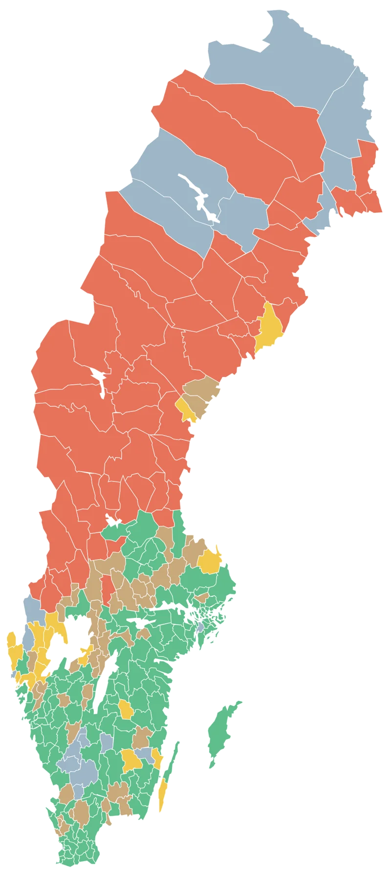 Sverigekarta där varje kommun är färgad efter vanligaste hundras
