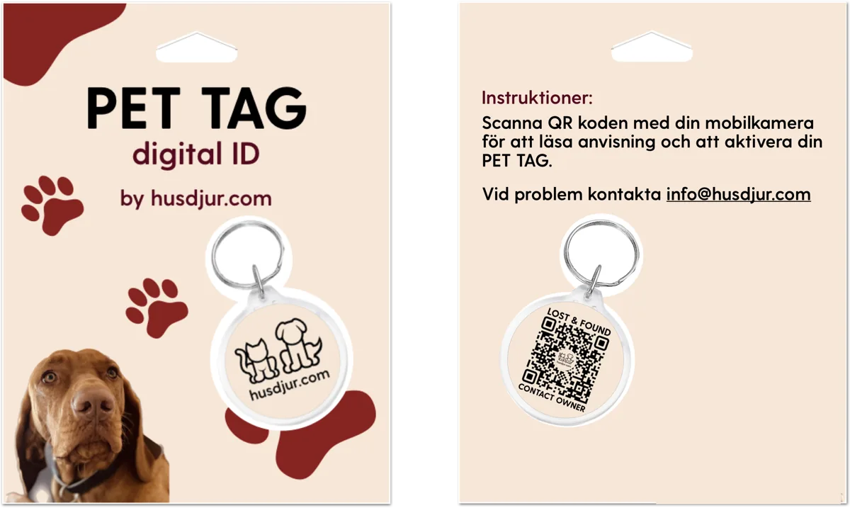 Förpackningen: Pet tag digital ID by husdjur.com, med instruktioner på baksidan